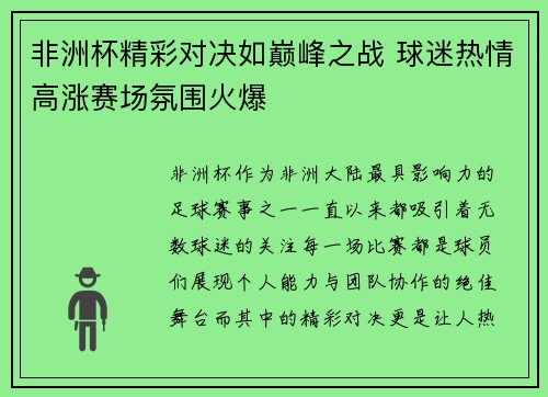 非洲杯精彩对决如巅峰之战 球迷热情高涨赛场氛围火爆