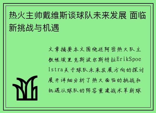 热火主帅戴维斯谈球队未来发展 面临新挑战与机遇