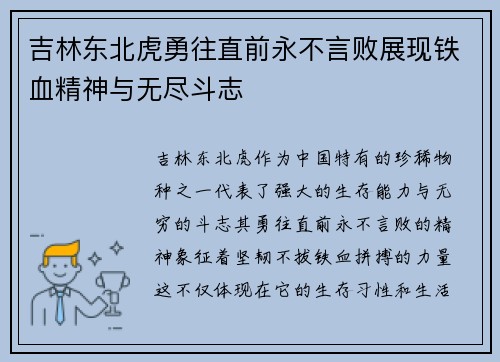吉林东北虎勇往直前永不言败展现铁血精神与无尽斗志