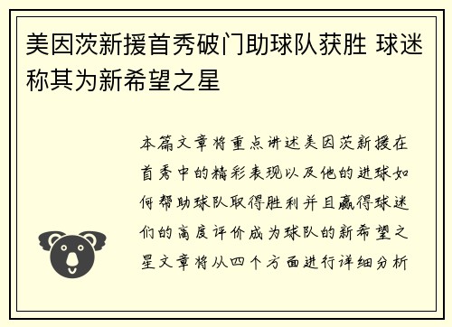 美因茨新援首秀破门助球队获胜 球迷称其为新希望之星