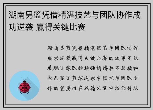 湖南男篮凭借精湛技艺与团队协作成功逆袭 赢得关键比赛