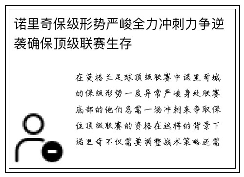 诺里奇保级形势严峻全力冲刺力争逆袭确保顶级联赛生存