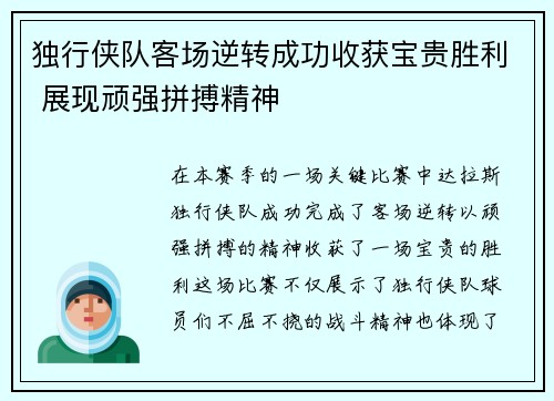 独行侠队客场逆转成功收获宝贵胜利 展现顽强拼搏精神